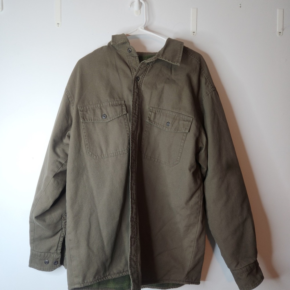 Levis Mens Olive Green Fleece Lined Canvas Shirt Jacket Large Plaid Lining